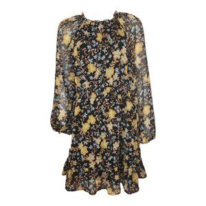 Old Navy Dress Womens Size L Large Yellow Black‎ Floral Chiffon Long Sleeve Boho